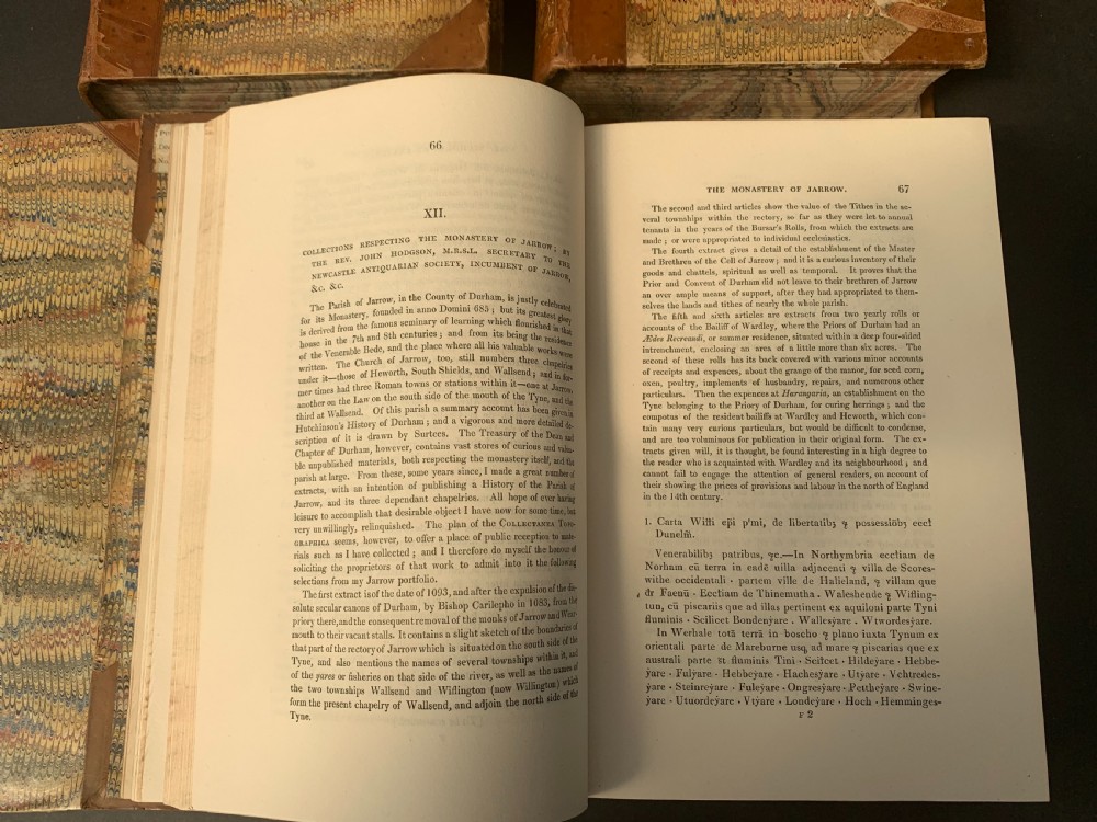 Four antique tan leather-bound volumes with ornate gold gilt decoration and dark title labels on the spines. View XII