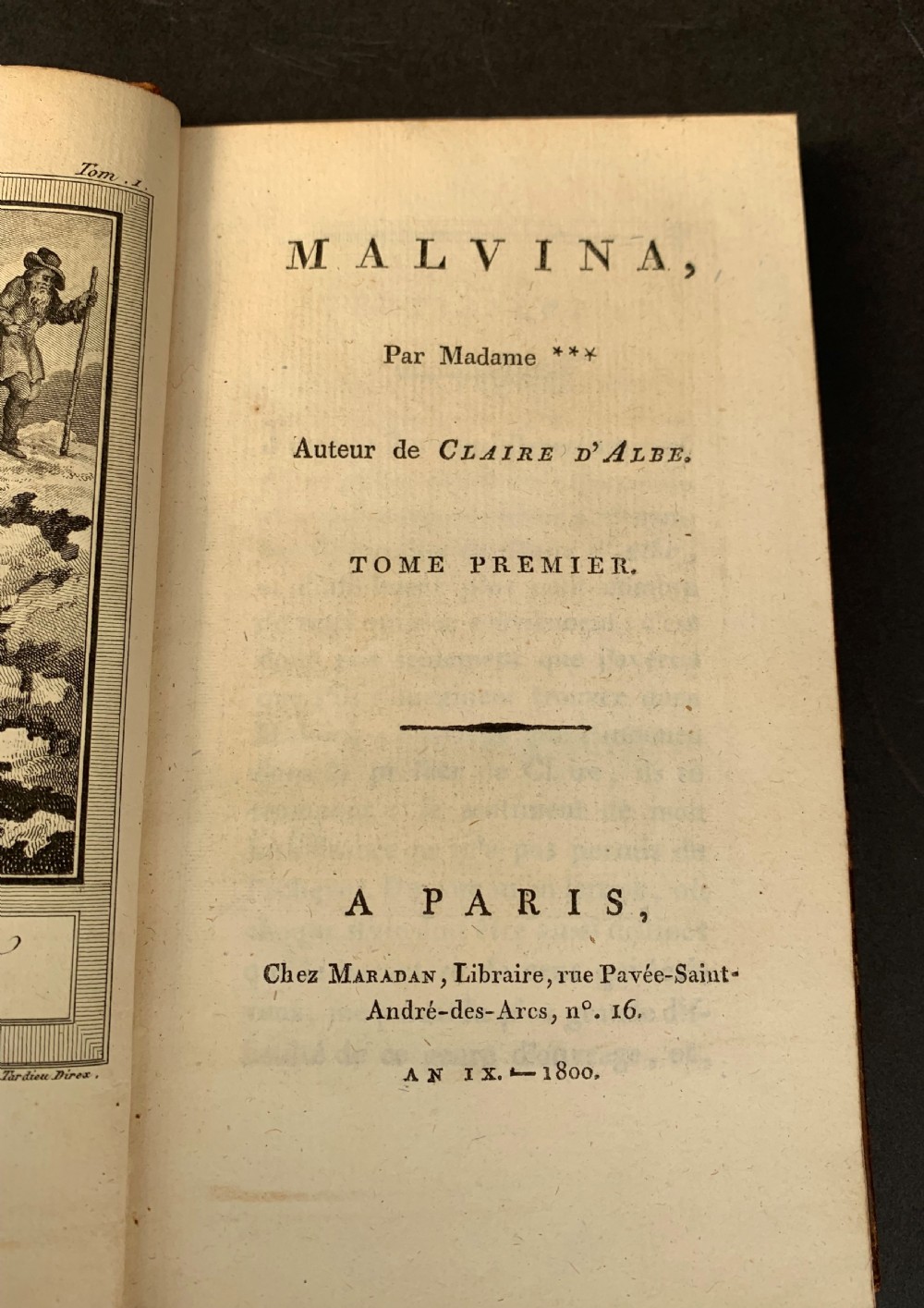 A four-volume set of antique French leather-bound books standing upright, featuring gold gilt tooling and red spine labels numbered one to four. View VIII