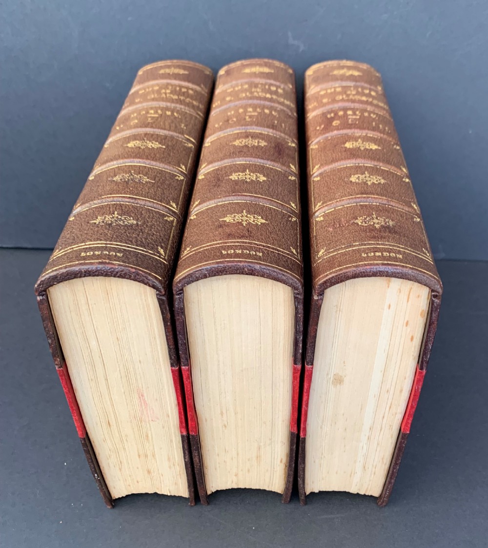 A three-volume set of Edwardian books titled The Life of W E Gladstone, bound in brown half-leather with red cloth sides and gilt spine ornamentation. View VI