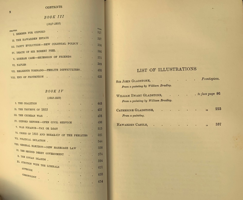 A three-volume set of Edwardian books titled The Life of W E Gladstone, bound in brown half-leather with red cloth sides and gilt spine ornamentation. View XIII