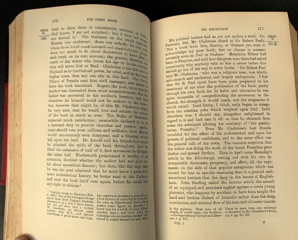 A three-volume set of Edwardian books titled The Life of W E Gladstone, bound in brown half-leather with red cloth sides and gilt spine ornamentation. View XIV