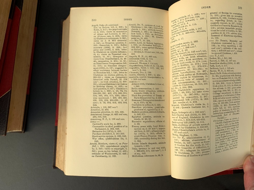 A three-volume set of Edwardian books titled The Life of W E Gladstone, bound in brown half-leather with red cloth sides and gilt spine ornamentation. View XVII