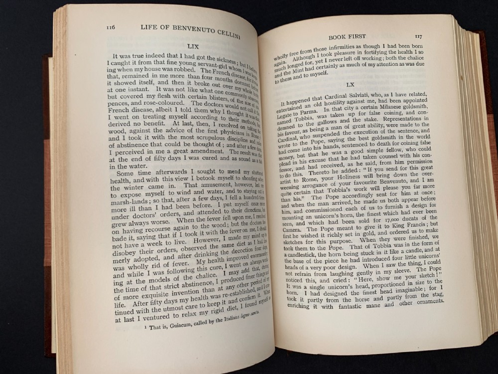 An Edwardian half-leather bound volume titled The Life of Benvenuto Cellini with gilt spine lettering, raised bands, and terracotta cloth boards. View XI