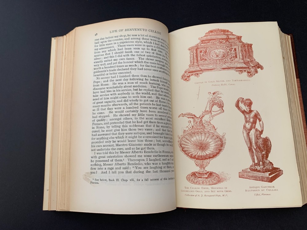 An Edwardian half-leather bound volume titled The Life of Benvenuto Cellini with gilt spine lettering, raised bands, and terracotta cloth boards. View XV