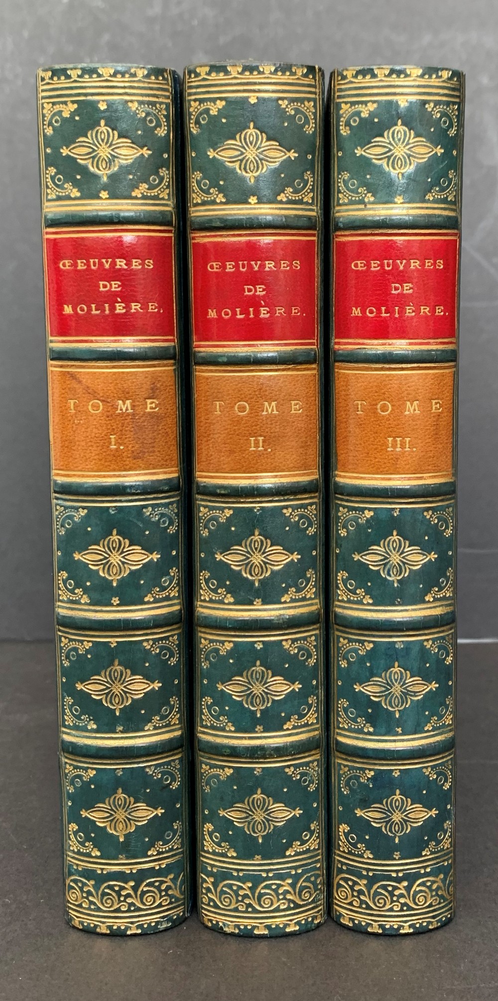 Zaehnsdorf bound French text 3 book set of The Works of Moliere circa 1880