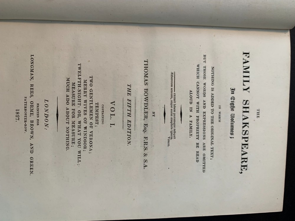 An eight-volume set of 1827 leather-bound books titled Bowdlers Family Shakspeare with red leather spines, raised bands, and gilt decoration. View XIII