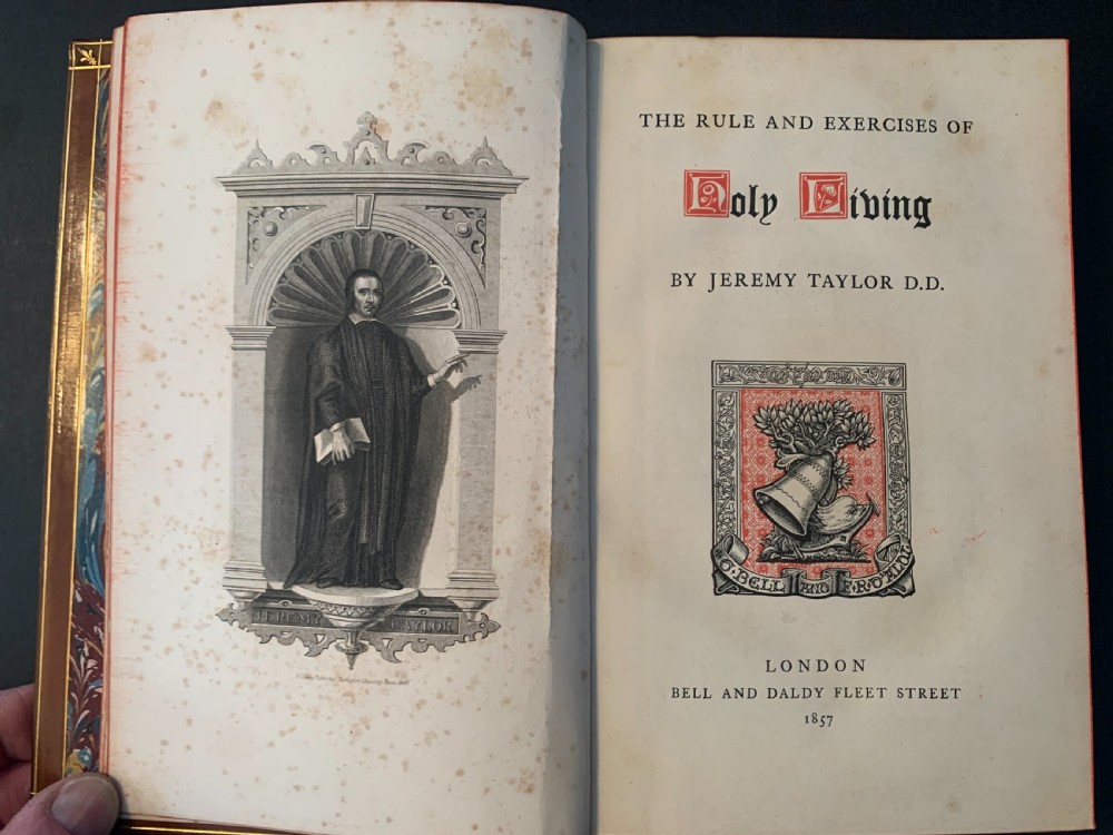Beautifully bound 2 book set of Taylor's The Rule and Exercise of Holy Living and Holy Dying dated 1857 View X