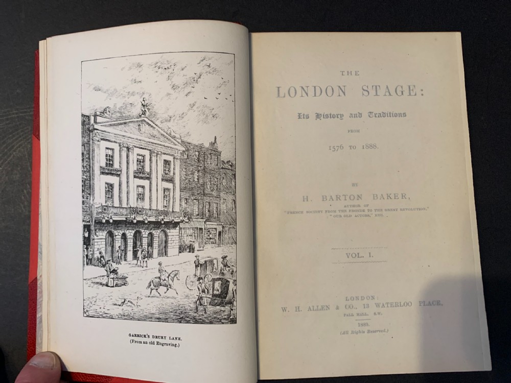 Finely bound 1st edition 2 book set of Henry Barton Baker's The London Stage; Its History and Traditions from 1576-1888 View IX