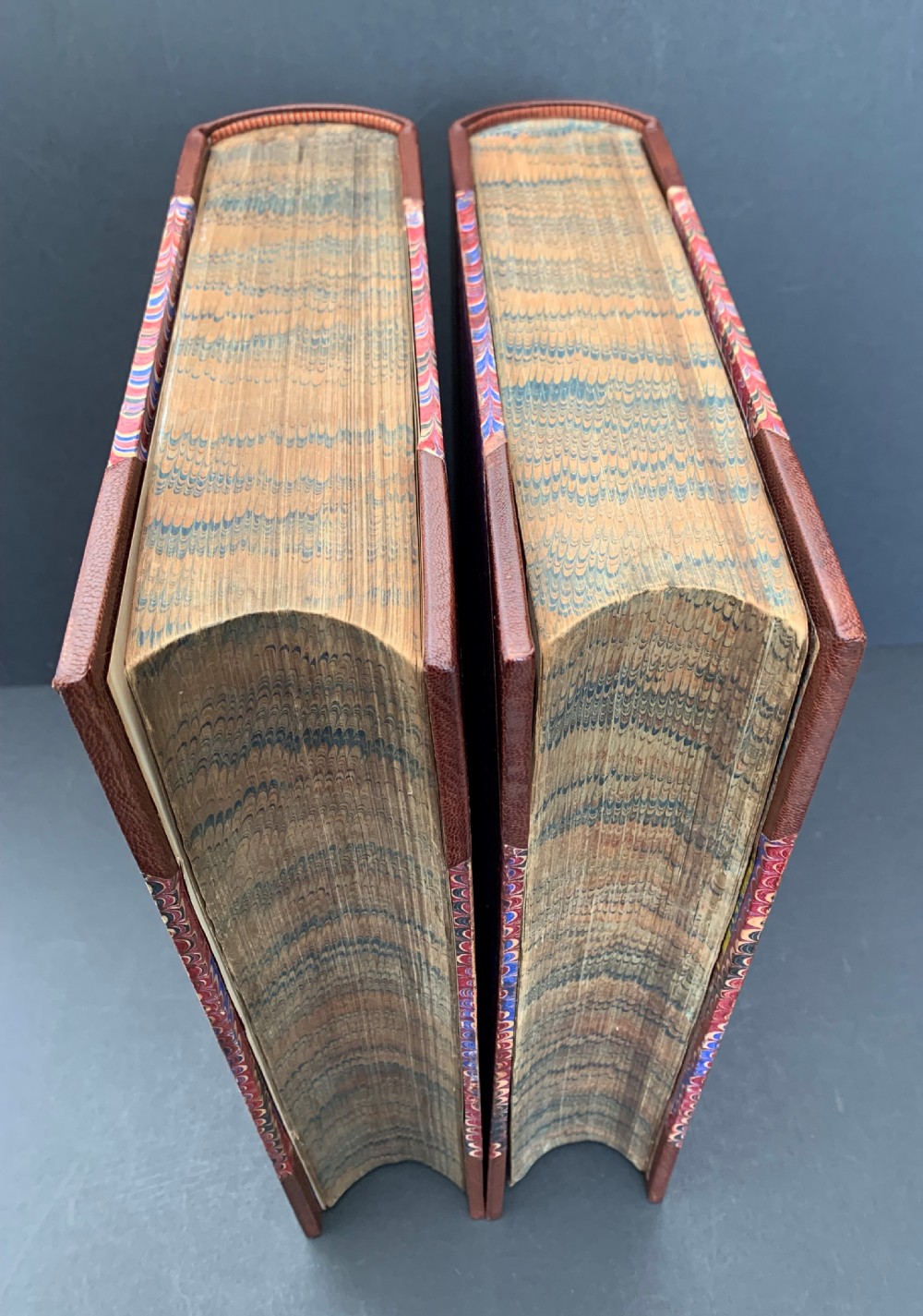 Pair of Victorian half-leather bound books with warm brown spines, gilt lettering on black labels, and red and blue marbled paper boards. View IV