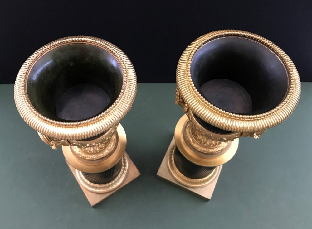 A fine and elegant pair of English Regency period bronze and ormolu campana form urns circa 1820 View V