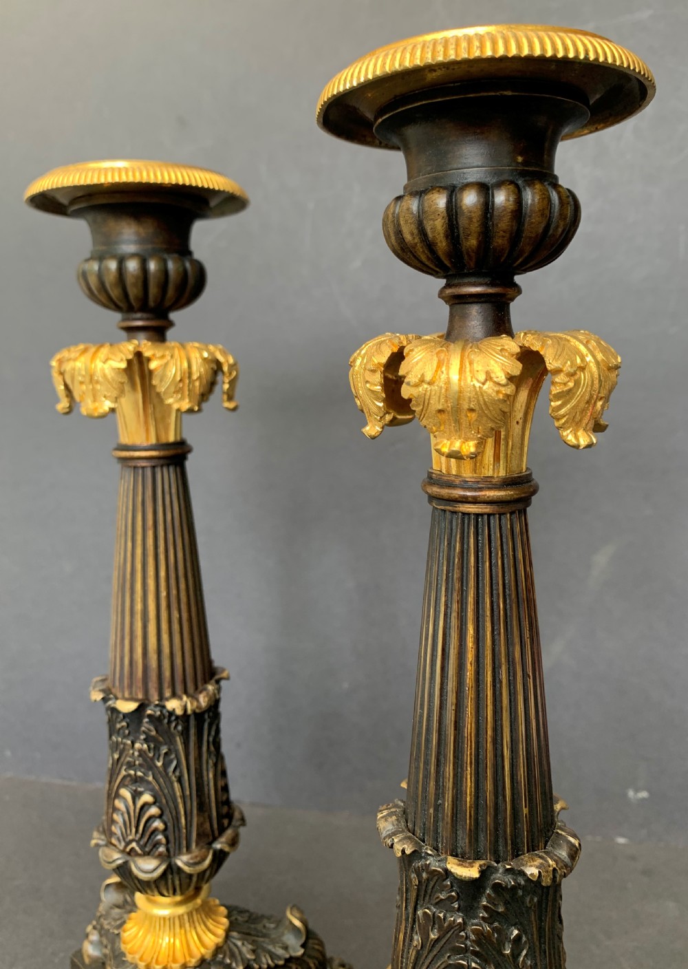 Pair of well cast bronze and ormolu French Restauration period candlesticks circa 1820 View III
