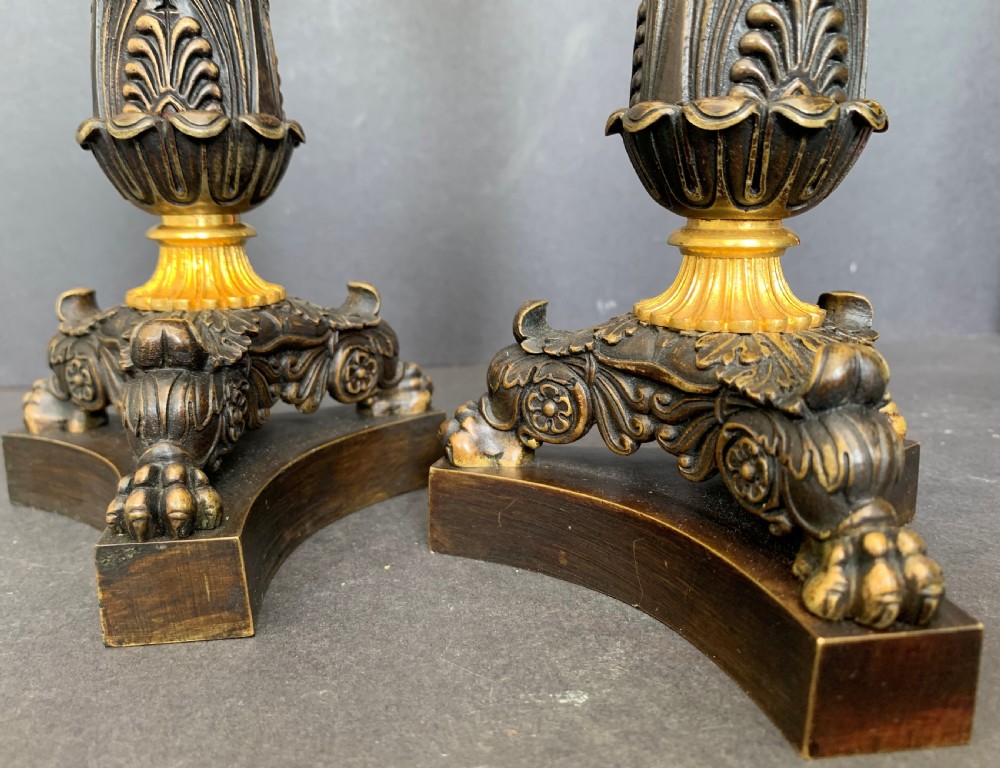 Pair of well cast bronze and ormolu French Restauration period candlesticks circa 1820 View IV