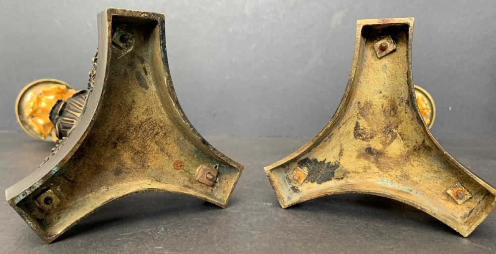 Pair of well cast bronze and ormolu French Restauration period candlesticks circa 1820 View V
