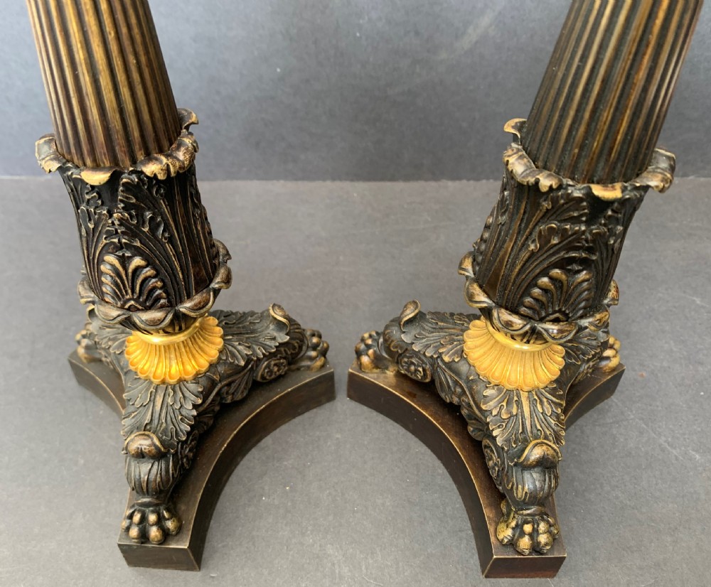 Pair of well cast bronze and ormolu French Restauration period candlesticks circa 1820 View VI