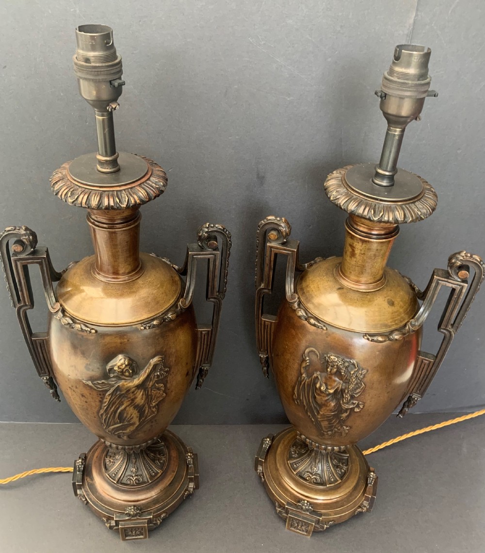 Pair of antique French twin handled bronze urns of classical inspiration later converted to table lamps View II