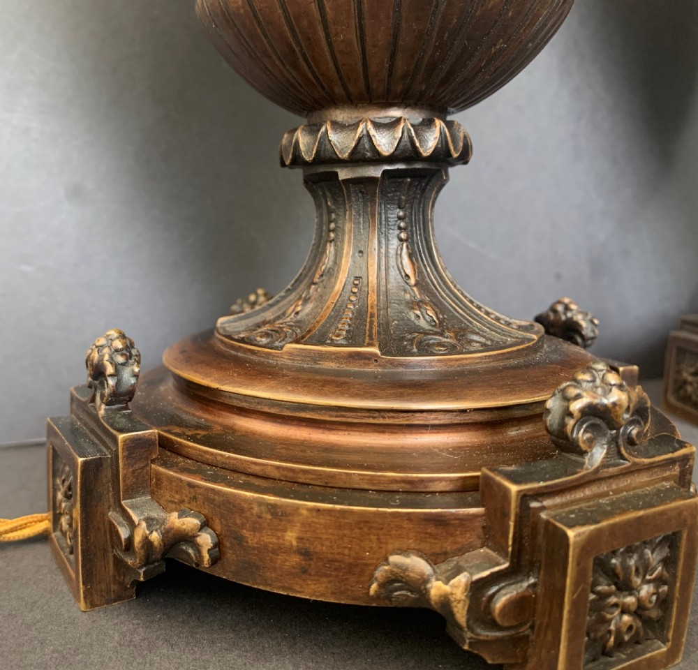 Pair of antique French twin handled bronze urns of classical inspiration later converted to table lamps View III