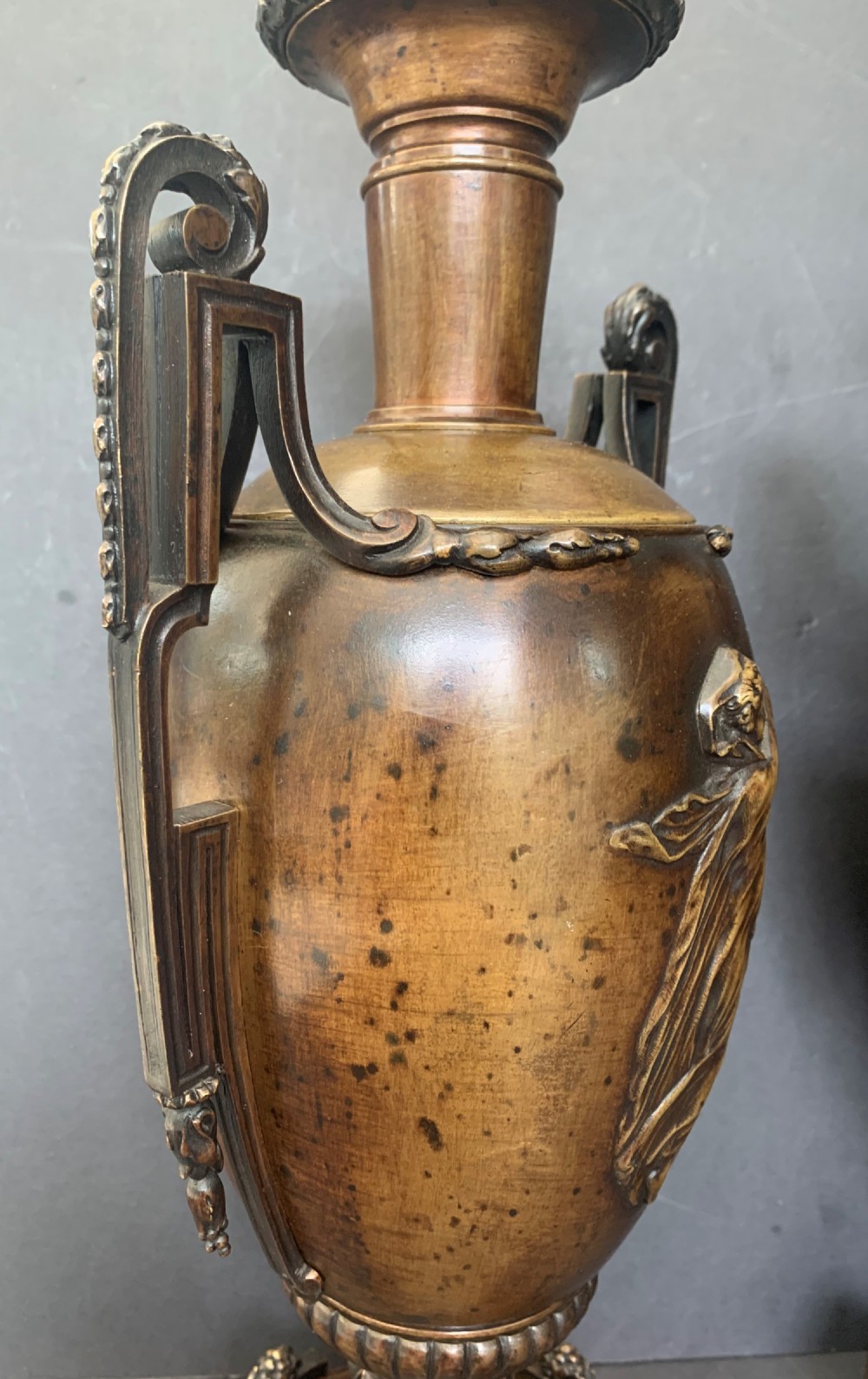Pair of antique French twin handled bronze urns of classical inspiration later converted to table lamps View IV