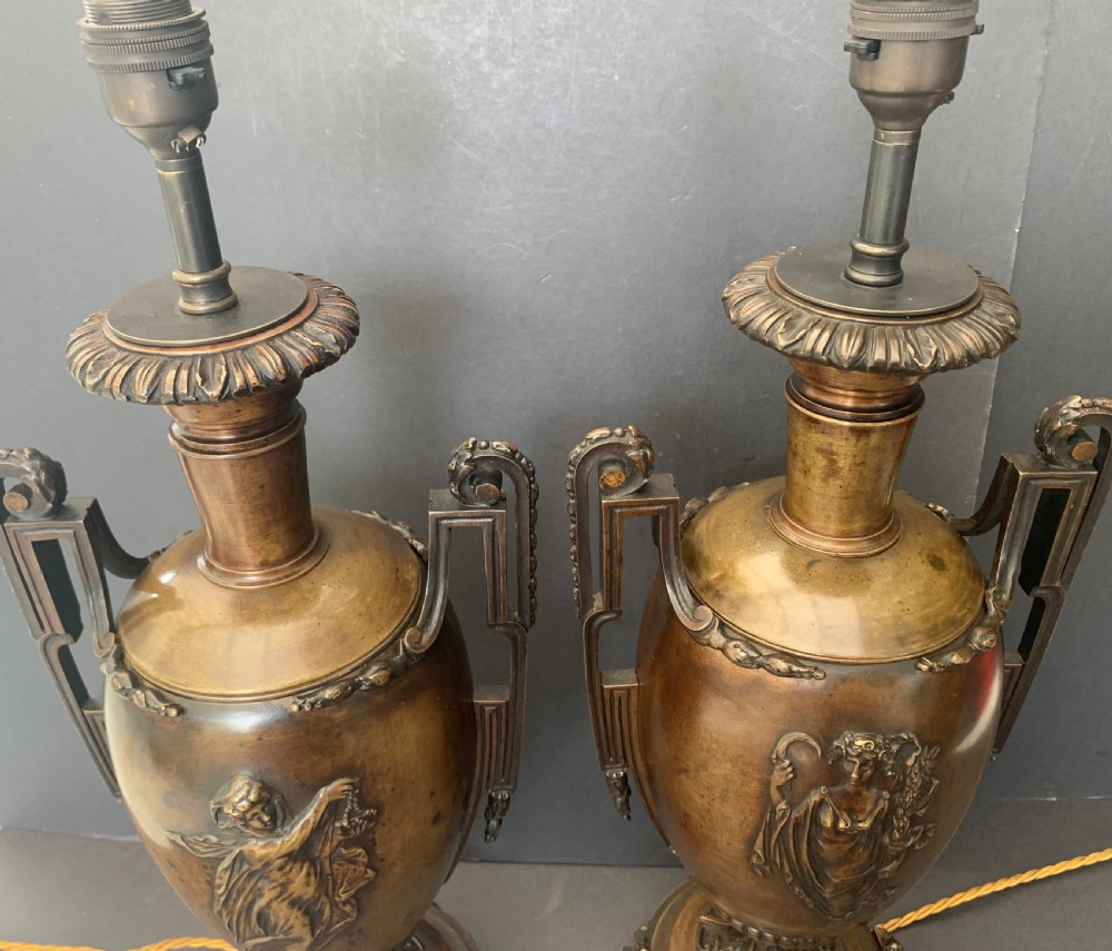 Pair of antique French twin handled bronze urns of classical inspiration later converted to table lamps View VI