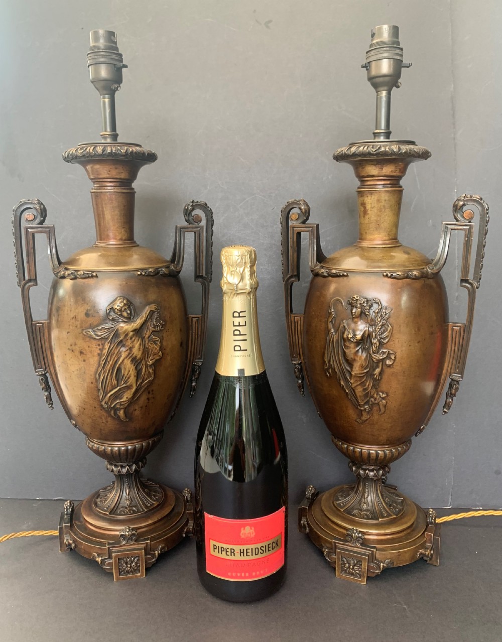 Pair of antique French twin handled bronze urns of classical inspiration later converted to table lamps View X