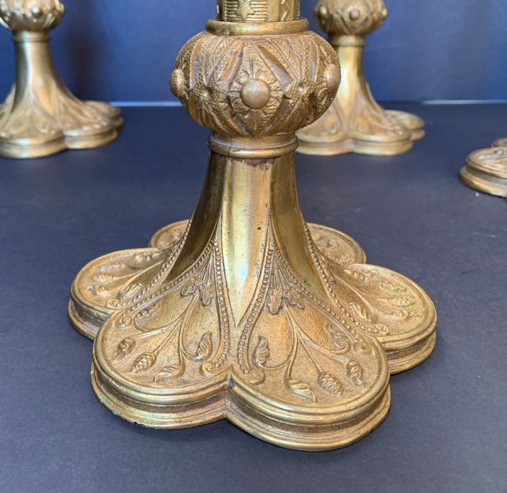A scarce late 19th century set of 5 ormolu ecclesiastical pricket candlesticks  View V