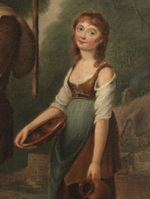 An eighteenth-century style oil painting on canvas in a beaded gilt frame, depicting a pipe-smoking man and a barefoot woman holding a vessel in a rural landscape. View IV