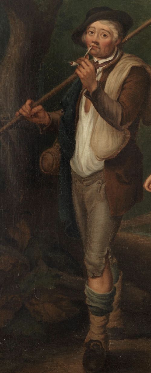 An eighteenth-century style oil painting on canvas in a beaded gilt frame, depicting a pipe-smoking man and a barefoot woman holding a vessel in a rural landscape. View V