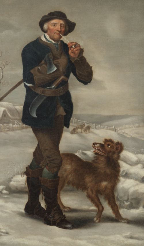 An eighteenth-century style oil painting on canvas depicting a standing woodcutter with a clay pipe and dog in a snowy countryside scene, housed within a gilded frame. View II