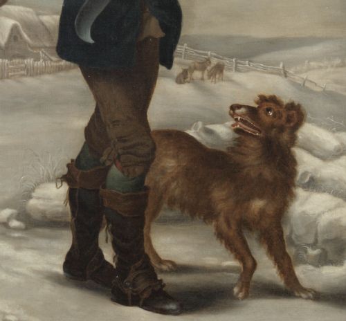An eighteenth-century style oil painting on canvas depicting a standing woodcutter with a clay pipe and dog in a snowy countryside scene, housed within a gilded frame. View IV