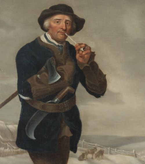 An eighteenth-century style oil painting on canvas depicting a standing woodcutter with a clay pipe and dog in a snowy countryside scene, housed within a gilded frame. View V