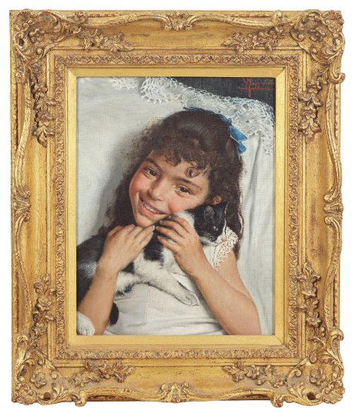 Vittorio Reggianini (Italian, 1858-1939) Original Signed Oil Painting, Girl with Cat, "Best Friends"