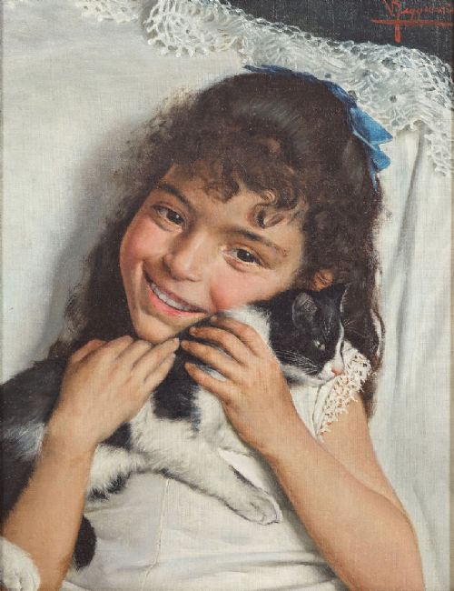 fig 1. An oil painting on canvas depicting a smiling young girl holding a black and white cat, framed within an ornate gold giltwood frame.