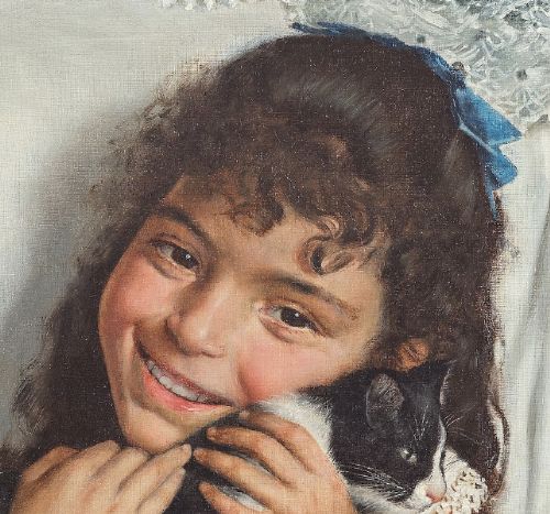 An oil painting on canvas depicting a smiling young girl holding a black and white cat, framed within an ornate gold giltwood frame. View III