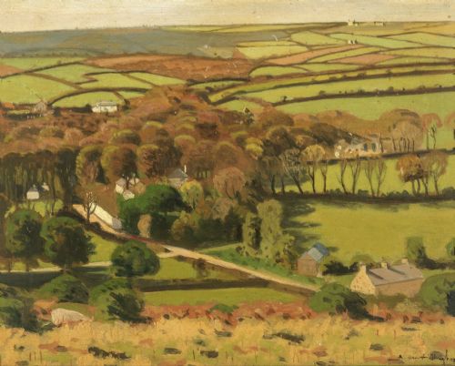 fig 1. A framed oil painting depicting a British countryside vista with green patchworked fields, small stone houses, and distant hills beneath a cloudy sky.
