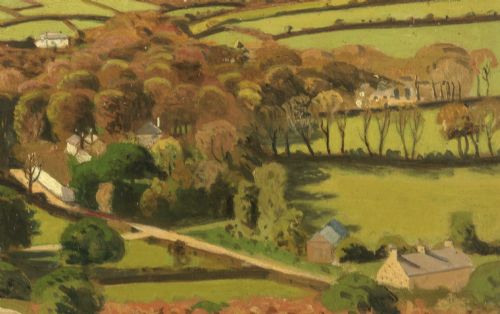 fig 2. A framed oil painting depicting a British countryside vista with green patchworked fields, small stone houses, and distant hills beneath a cloudy sky.