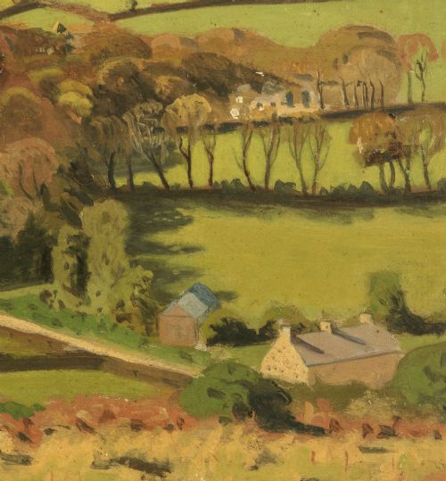 A framed oil painting depicting a British countryside vista with green patchworked fields, small stone houses, and distant hills beneath a cloudy sky. View V