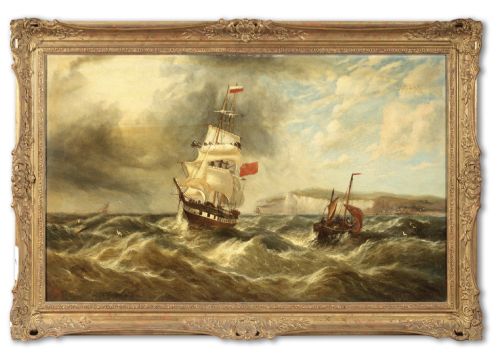 John Rose Miles (Australian, 1844 - 1916) Late 19th Century, a British Merchant Ship Off the Coast in Rough Seas, Signed and Framed