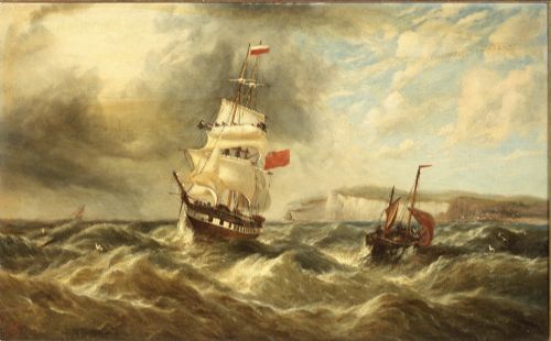 fig 1. A late nineteenth-century oil painting depicting a British merchant ship in rough seas off a rocky coastline, presented in an ornate gilt frame.