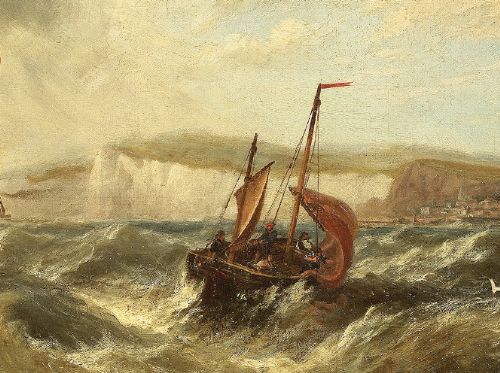 A late nineteenth-century oil painting depicting a British merchant ship in rough seas off a rocky coastline, presented in an ornate gilt frame. View IV