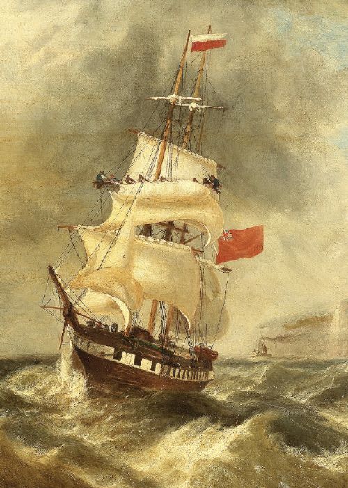 A late nineteenth-century oil painting depicting a British merchant ship in rough seas off a rocky coastline, presented in an ornate gilt frame. View V