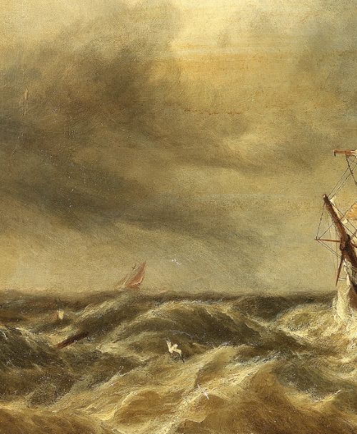 A late nineteenth-century oil painting depicting a British merchant ship in rough seas off a rocky coastline, presented in an ornate gilt frame. View VI