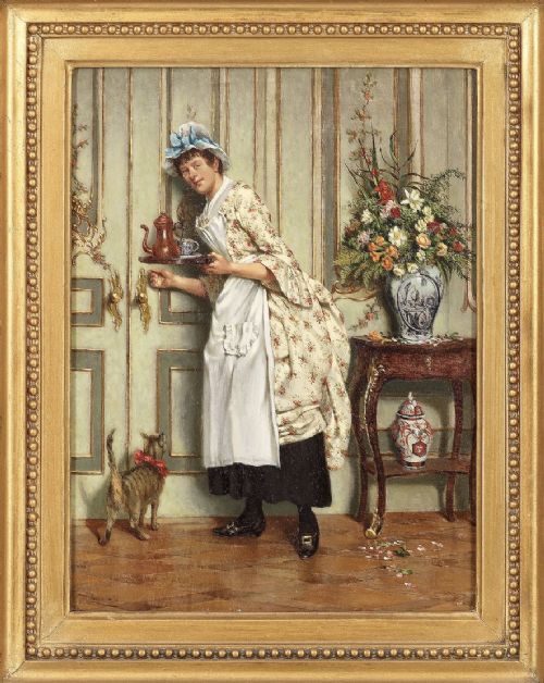 fig 1. A framed Victorian oil painting depicting a maid carrying a teapot in an interior setting, housed within an ornate gold gilt frame.