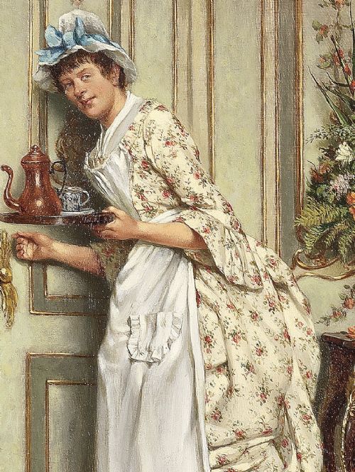 A framed Victorian oil painting depicting a maid carrying a teapot in an interior setting, housed within an ornate gold gilt frame. View IV