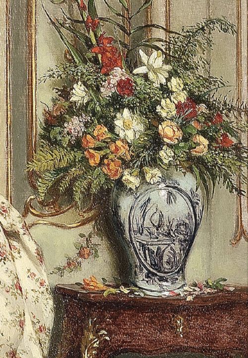 A framed Victorian oil painting depicting a maid carrying a teapot in an interior setting, housed within an ornate gold gilt frame. View V