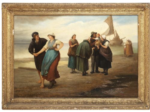 19th Century French School Oil Painting, "The Return" Figures Returned from a Voyage, Excellent Quality, Signed and Framed
