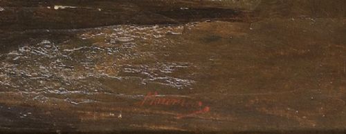 A 19th-century French School oil painting depicting coastal figures gathered on a shore with a sailing boat, set in an ornate gilded frame. View IV