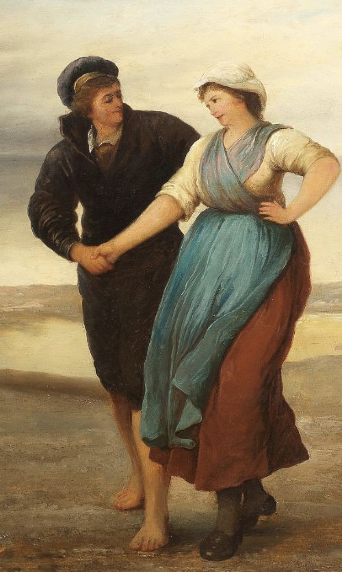 A 19th-century French School oil painting depicting coastal figures gathered on a shore with a sailing boat, set in an ornate gilded frame. View V