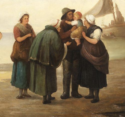 A 19th-century French School oil painting depicting coastal figures gathered on a shore with a sailing boat, set in an ornate gilded frame. View VI