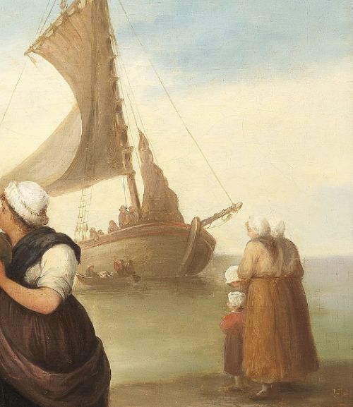 A 19th-century French School oil painting depicting coastal figures gathered on a shore with a sailing boat, set in an ornate gilded frame. View VII