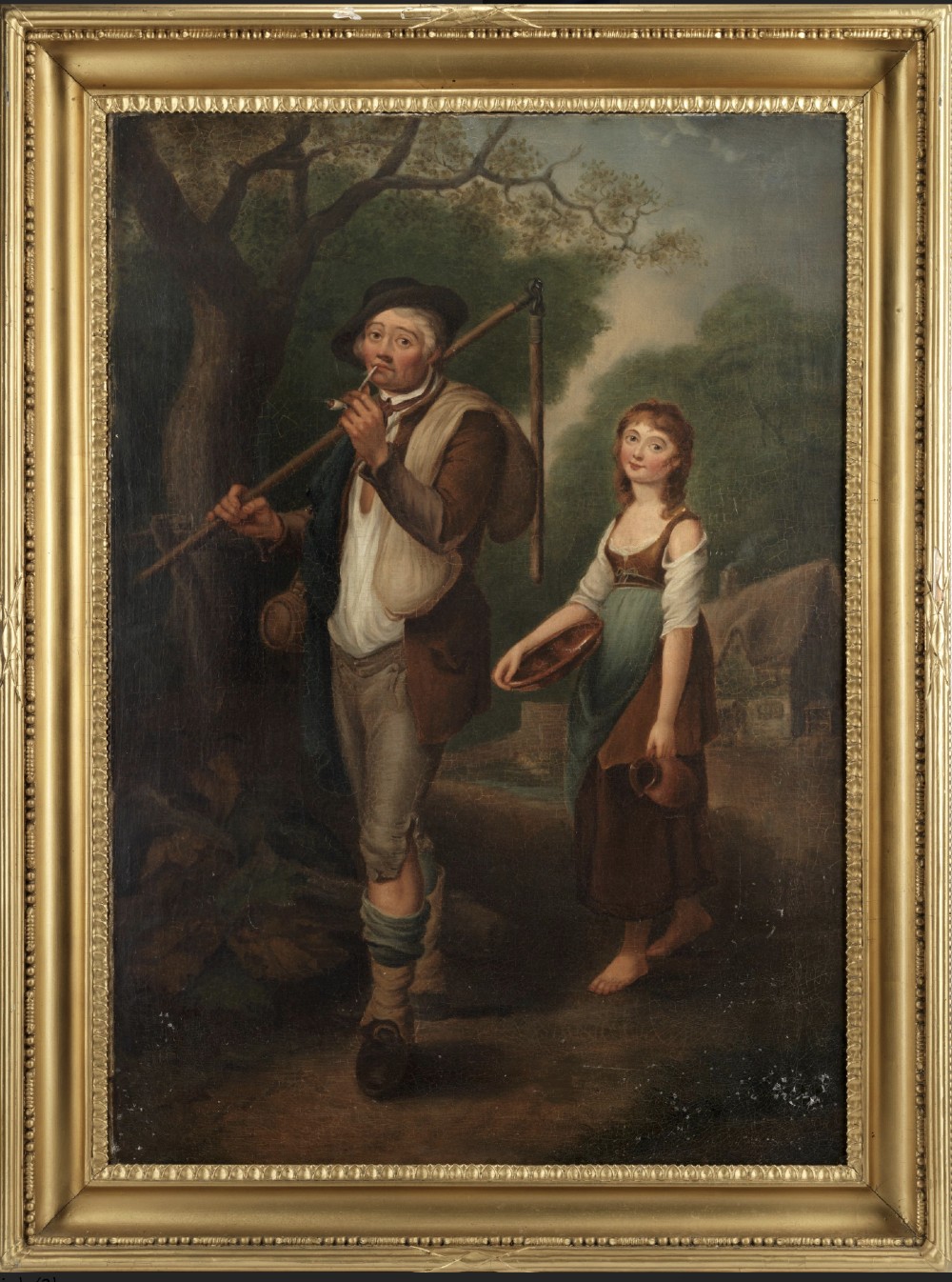 An eighteenth-century style oil painting on canvas in a beaded gilt frame, depicting a pipe-smoking man and a barefoot woman holding a vessel in a rural landscape.