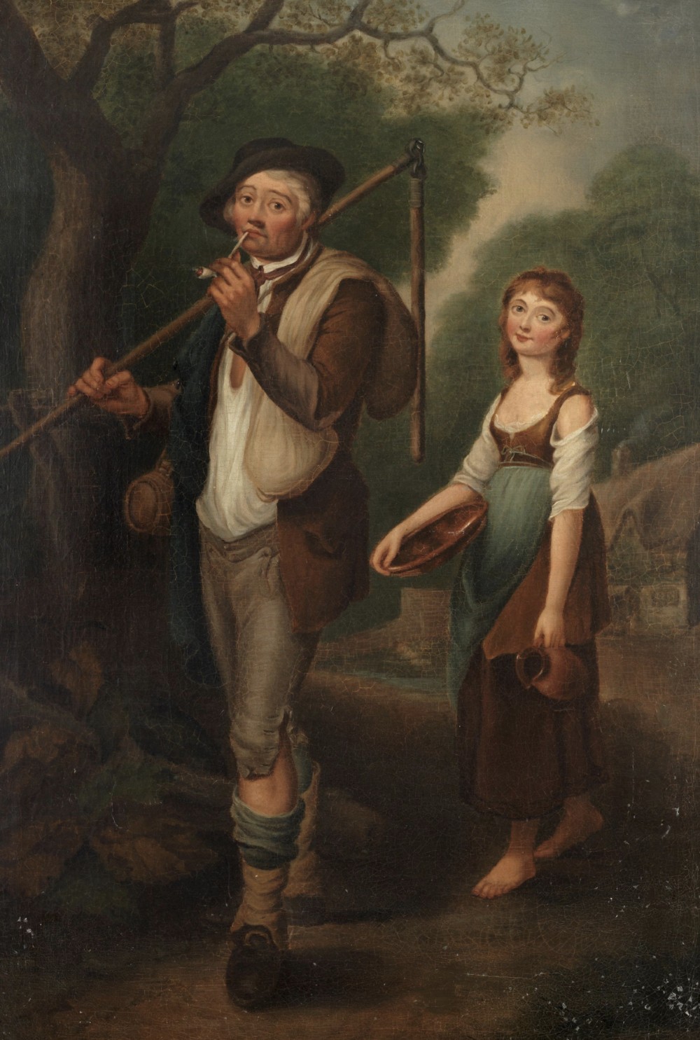 An eighteenth-century style oil painting on canvas in a beaded gilt frame, depicting a pipe-smoking man and a barefoot woman holding a vessel in a rural landscape. View II